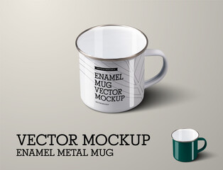 Vector enameled metal mug template with handle, mirror border, top view, white, green cup for design, branding.