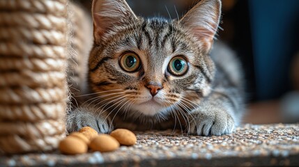 A curious cat watching treats on the floor.