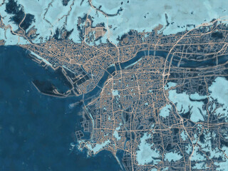 Painterly Style City Map of Wakayama, Japan in a Blue Color Scheme.