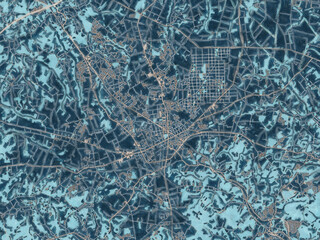 Painterly Style City Map of Yachimata, Japan in a Blue Color Scheme.