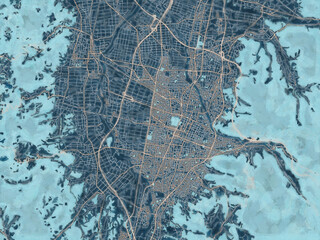 Painterly Style City Map of Yamagata, Japan in a Blue Color Scheme.