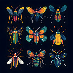 Nine colorful and detailed illustrations of different insects on a black background.