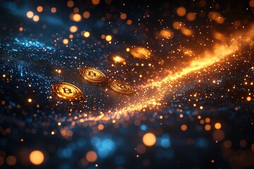 Three golden bitcoins on a blue and orange digital wave.