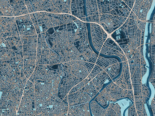 Painterly Style City Map of Yashio, Japan in a Blue Color Scheme.