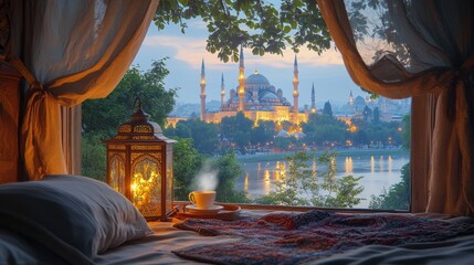 Cozy bed with a view of a mosque and a cup of tea at sunset.