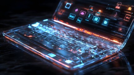 A 3D rendering of a sleek and modern laptop with a transparent keyboard projecting holographic screens and futuristic application icons