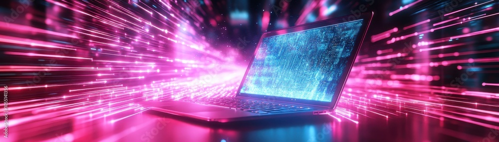 Wall mural futuristic laptop with neon lights and digital data streams in a high-tech environment