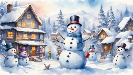 Naklejka premium Watercolor winter scene with cheerful snowmen and cozy houses in a snowy village