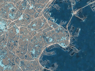 Painterly Style City Map of Yokohama, Japan in a Blue Color Scheme.