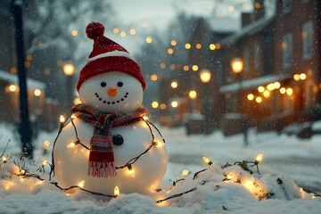 Obraz premium Snowman with holiday accessories and lights
