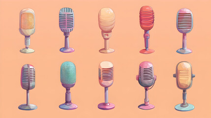 A collection of ten vintage microphones in various colors and styles.