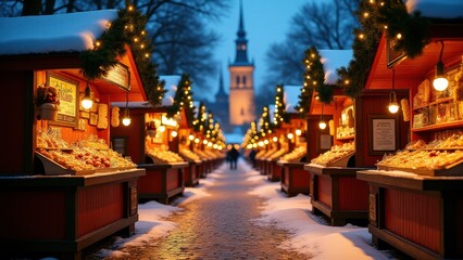 Fototapeta premium Snow-covered Christmas market with warmly lit wooden stalls, festive decorations, and people exploring. A tall tower is visible in the background.