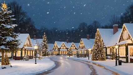 Fototapeta premium Explore the Charm of a Winter Christmas Village in Phoenix with Snow-Covered Homes and Twinkling Lights for Holiday Magic