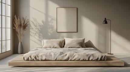 Minimalist bedroom interior with a wooden platform bed, beige linens, a large window, and a framed canvas mockup.