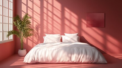Minimalist bedroom interior with a white bed and a large window, casting long shadows on the coral wall.