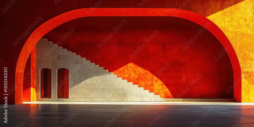 Poster exploring abstract architecture curved lines and shadow play in modern design elements and spaces