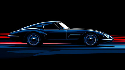 A sleek black classic sports car driving fast at night with red taillights on the road.