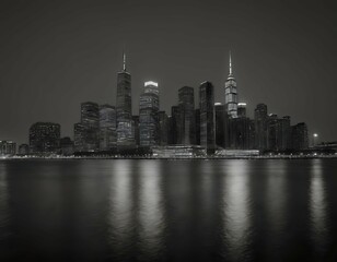 Obraz premium Black and White City Skyline at Night with Reflections on Water, Urban Cityscape Photograph 