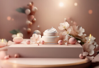 A white moisturizer sits on a platform with pink candles, floral accents, and pearls.