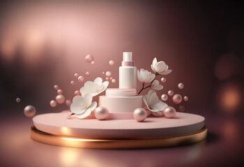 A white bottle with a pink cap sits on a circular platform with white and pink floral accents and pearl-like spheres scattered around.
