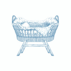 Cute retro baby cot cradle clipart. Toile de jouy style vintage line art illustration.