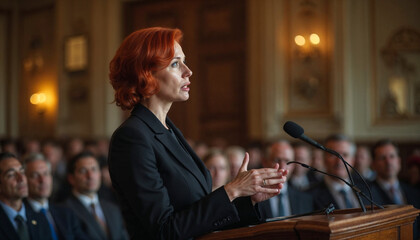 A confident red-haired woman speaks passionately at a podium, inspiring her audience in a formal setting.

