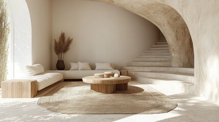 Minimalist living room interior design with a curved staircase, a large rug, a wooden coffee table, a white couch, and a vase with dried pampas grass.