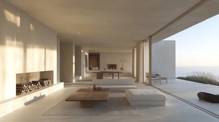 Fototapeta premium Minimalist living room with large windows overlooking the ocean.
