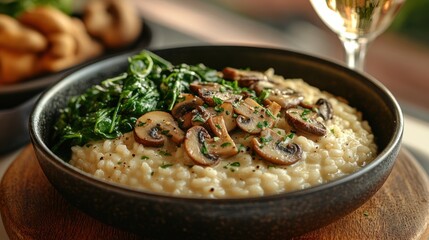Creamy risotto topped with mushrooms and greens in a bowl.