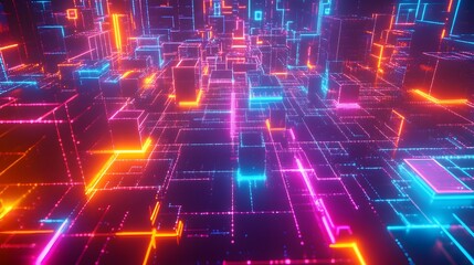 Obraz premium Futuristic 3D network grid with floating data nodes digital connections and pulsing neon lines Abstract visualization of technology information and cyberpunk inspired digital architecture