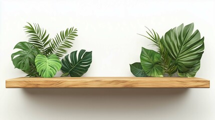 Obraz premium empty natural wooden shelf with lush green tropical leaves 
