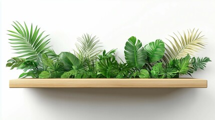 Obraz premium empty natural wooden shelf with lush green tropical leaves 