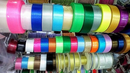 Beautiful multi-colored ribbons in the shop.