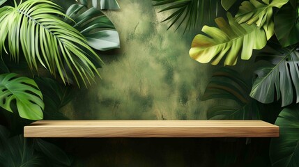 empty natural wooden shelf with lush green tropical leaves
