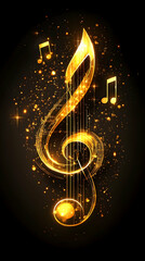 A golden treble clef with music notes and sparkling background.