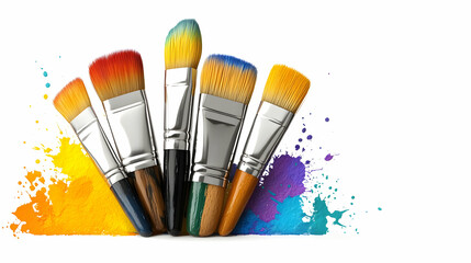 Obraz premium A group of six paintbrushes with colorful paint splatters in the background.