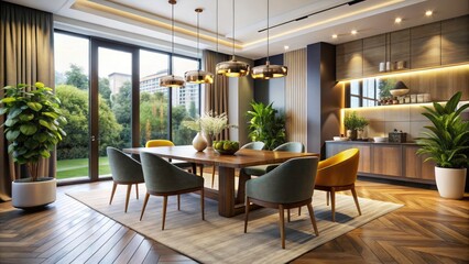 Bright and Airy Modern Dining Room with Large Windows and Sunlight Streaming In, Stylish Furniture, Elegant Decor, Contemporary Design, Spacious Layout, Warm Atmosphere, Minimalist Aesthetic