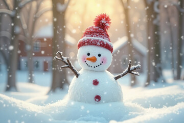 Obraz premium Cheerful snowman in the snow, with a carrot nose, knitted hat and branches instead of hands, cozy houses illuminated by soft evening light are visible in the background.