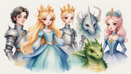 Fototapeta premium Fantasy characters including princesses, a prince, a dragon, and a knight in colorful illustrations 