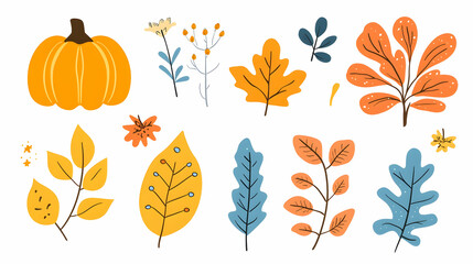 Fototapeta premium Hand-drawn autumn elements for design, including pumpkin, leaves, and flowers.