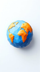 Low-poly globe model with continents in orange and blue, isolated on white background.