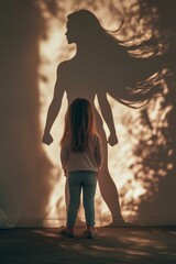 A little girl standing in a dimly lit room with a large shadow cast dramatically on the wall behind her, creating a mysterious and imaginative atmosphere through the blend of light and shadow.

