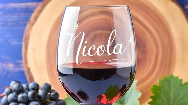personalized wine glass of name Nicola with grapes and wooden backdrop