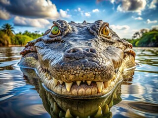 Obraz premium Captivating Close-Up of a Fearsome Crocodile in a Serene Lake Environment - Nature's Predator, Wild Animal, Wildlife Photography, Reptile, Ecosystem