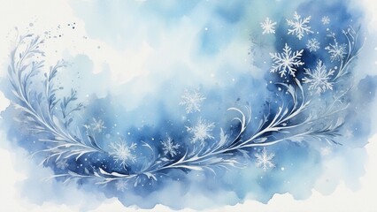 Delicate winter floral design with snowflakes in blue watercolor tones