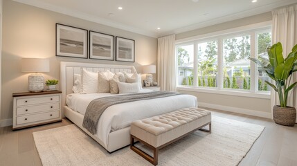 Modern bedroom with a large bed, a bench, and a window overlooking a garden.