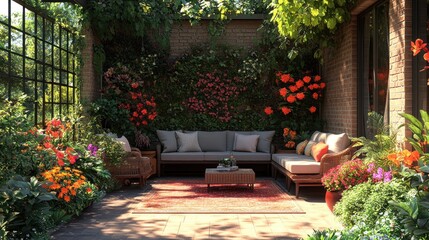 Obraz premium Cozy outdoor seating area surrounded by vibrant flowers.