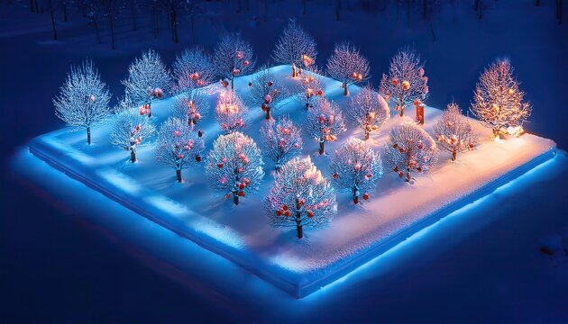 christmas blue neon lights on the blue background, Apple orchard in winter, Almond trees on a foggy winter snow - Powered by Adobe