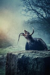 Mythical Horned Raven in a Dark Fantasy Setting