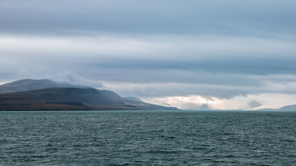 Foggy coastal landscape in Svalbard showcasing serene waters and distant mountains